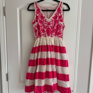 Leifsdottir Anthropologie Pink & Cream Azalea Embroidered Cotton Dress Size 8